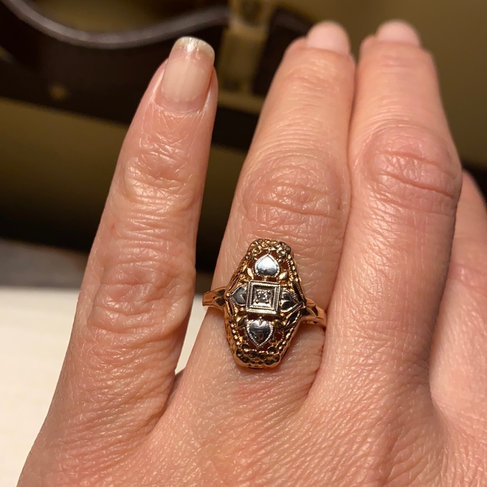 14k Two toned Vintage Diamond Heart Gold Ring